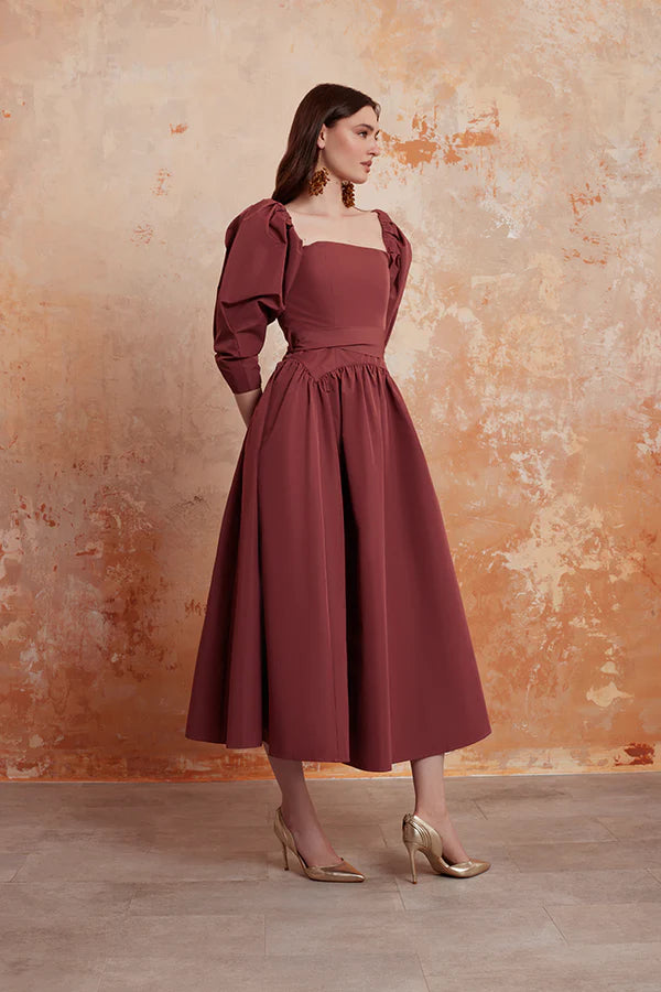 En&Ay Burgundy puff sleeves dress in taffeta