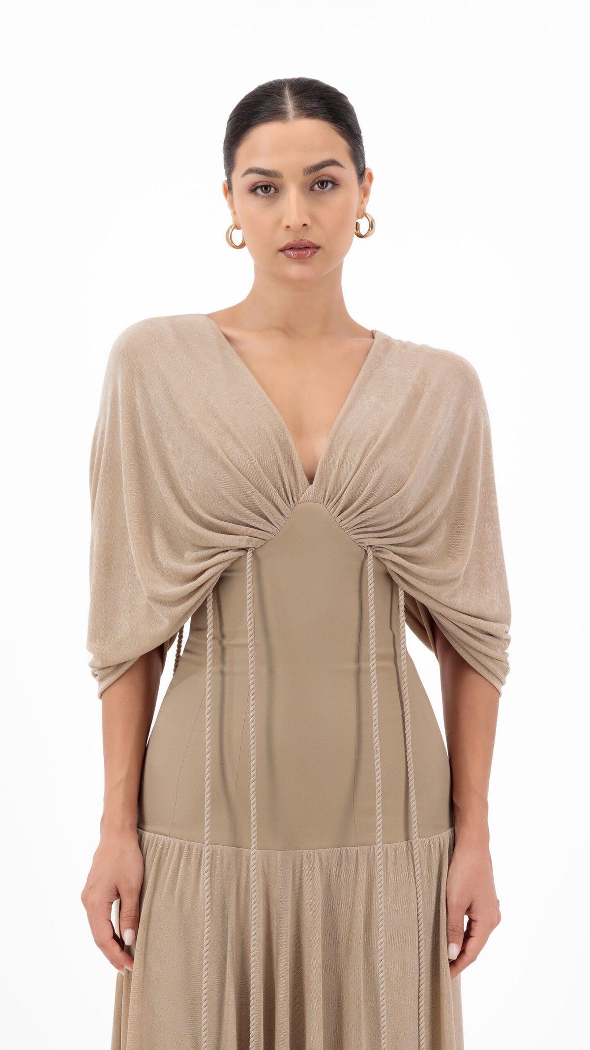 En&Ay Long vibrant beige dress with waist ties
