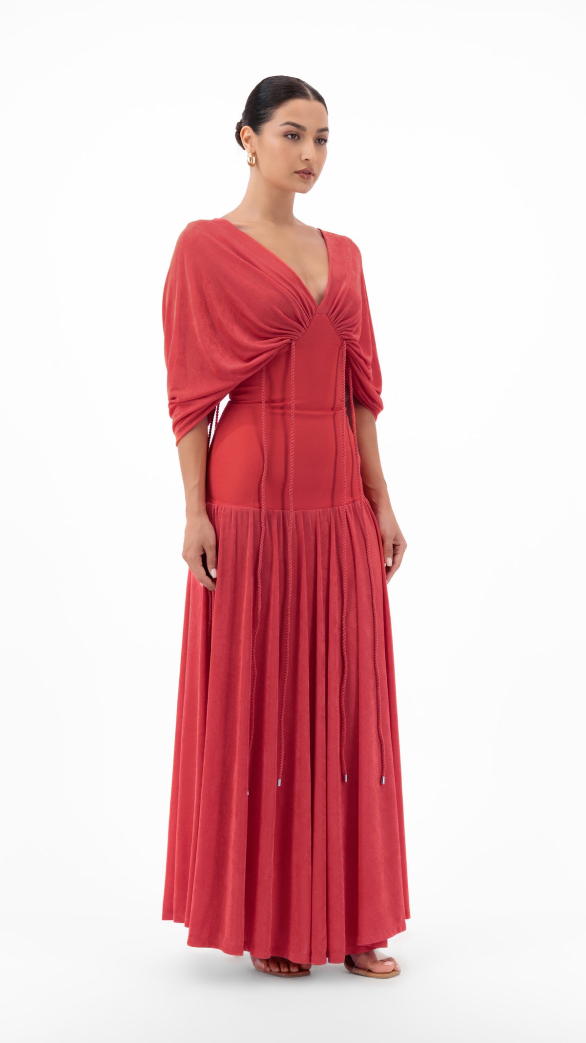 En&Ay Long vibrant red dress with waist ties