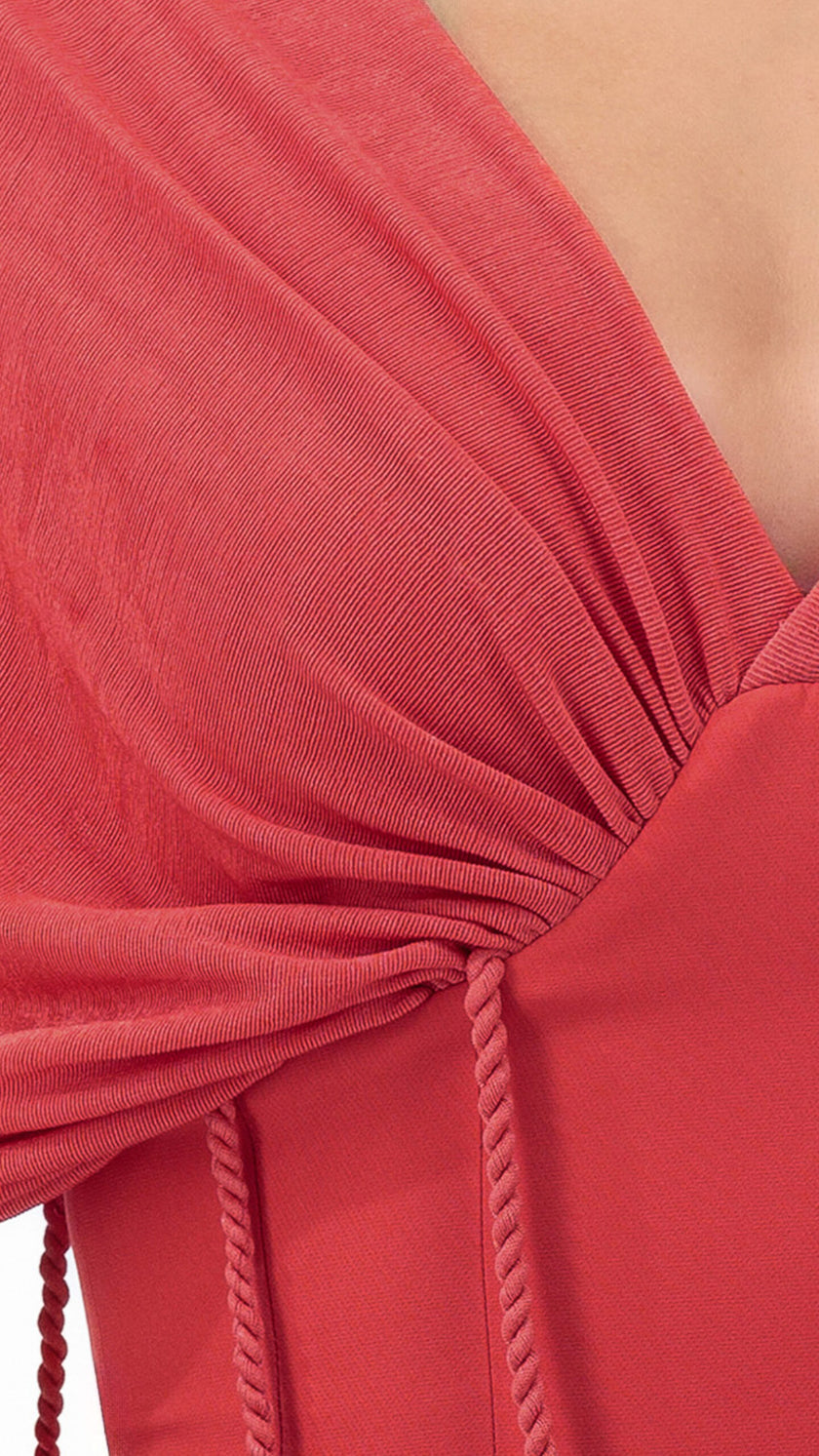 En&Ay Long vibrant red dress with waist ties