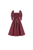 En&Ay Burgundy puff sleeves dress in taffeta