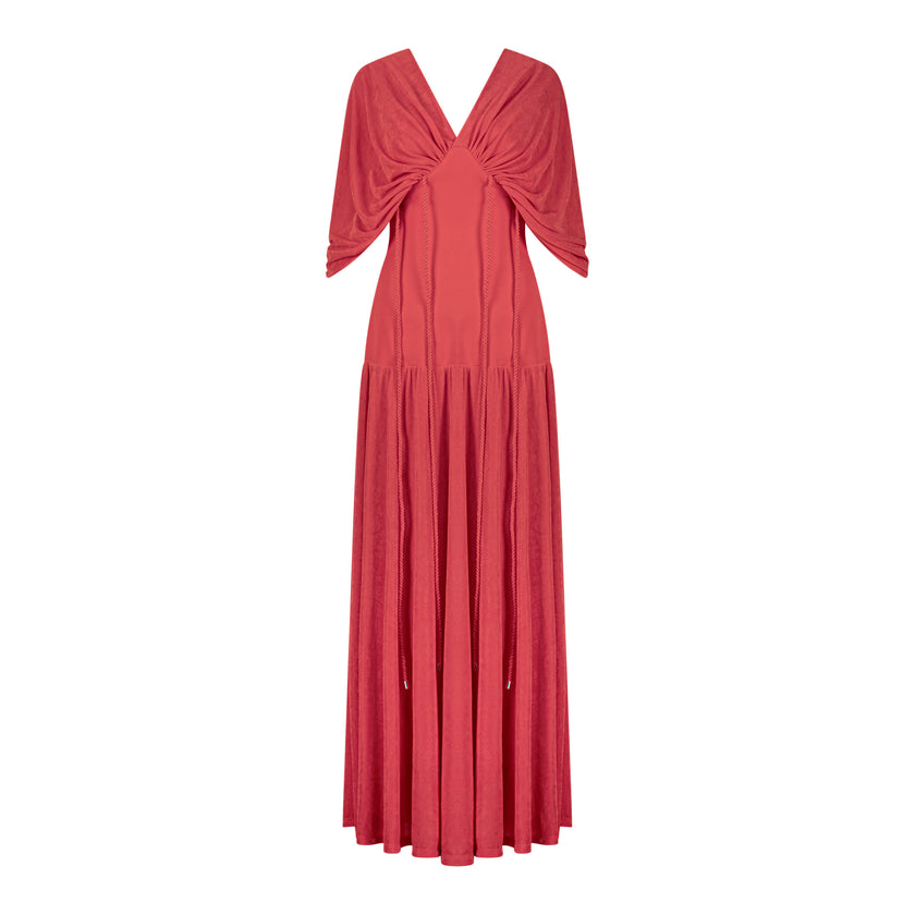 En&Ay Long vibrant red dress with waist ties