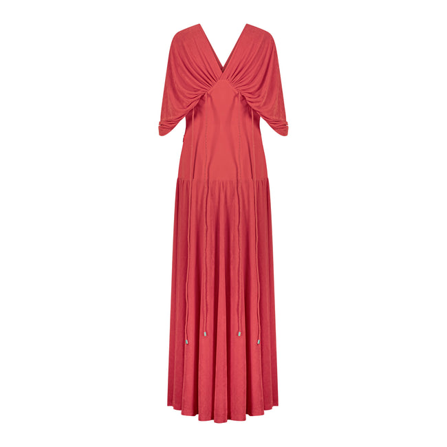 En&Ay Long vibrant red dress with waist ties