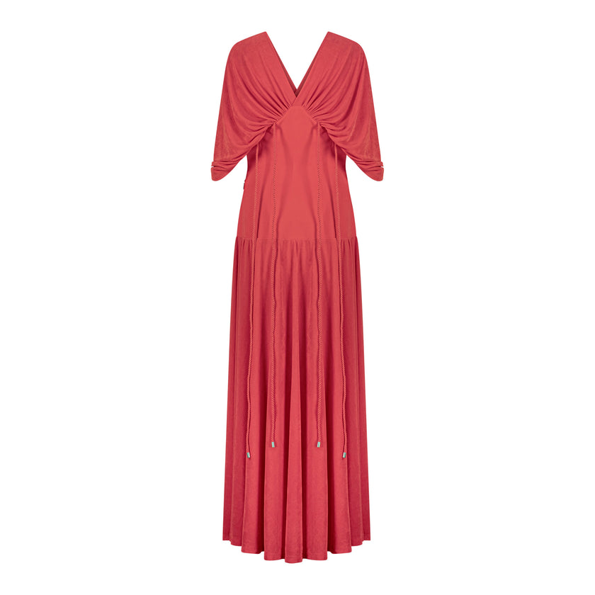 En&Ay Long vibrant red dress with waist ties