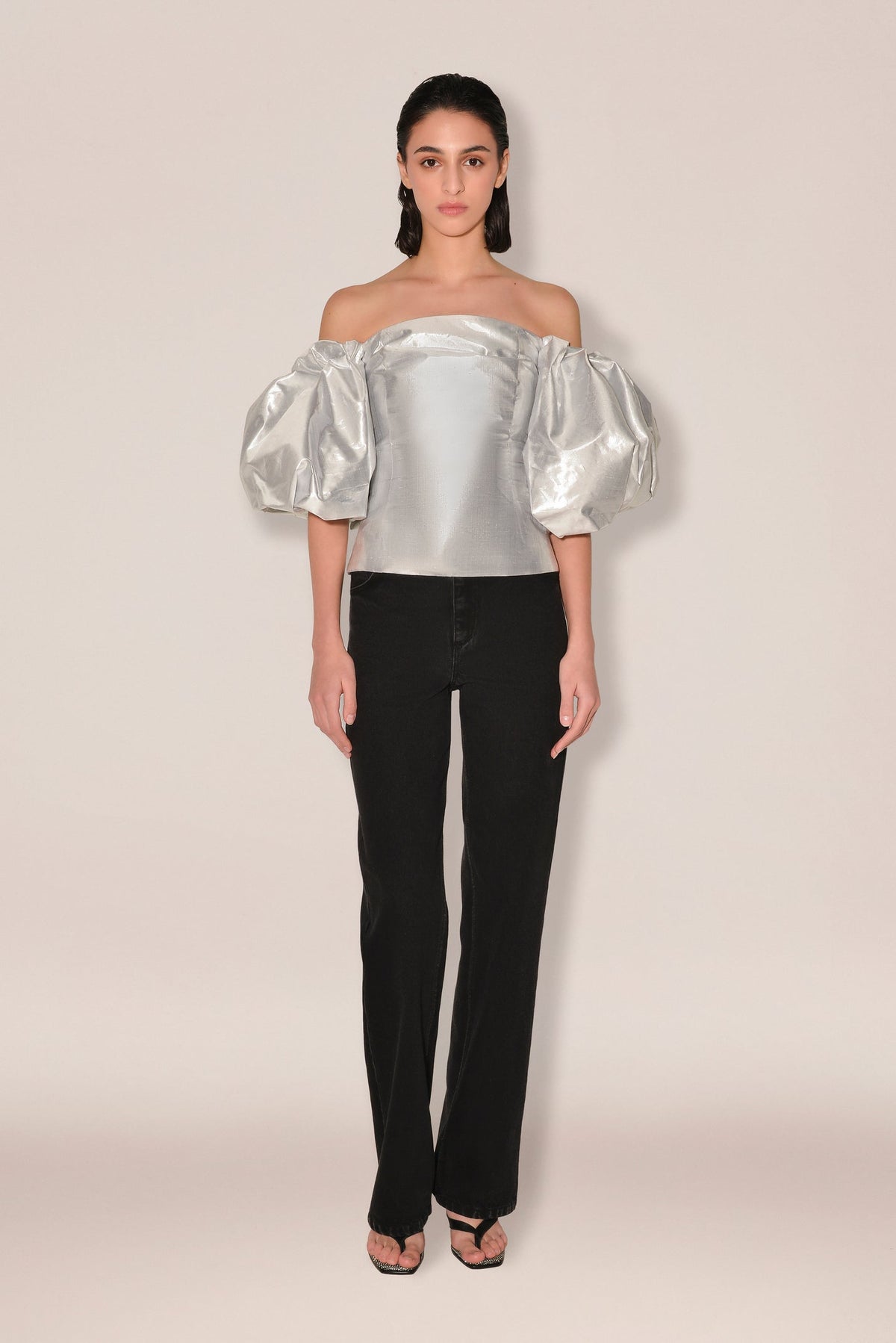 Anouki Off Shoulder Silver Silk Blouse