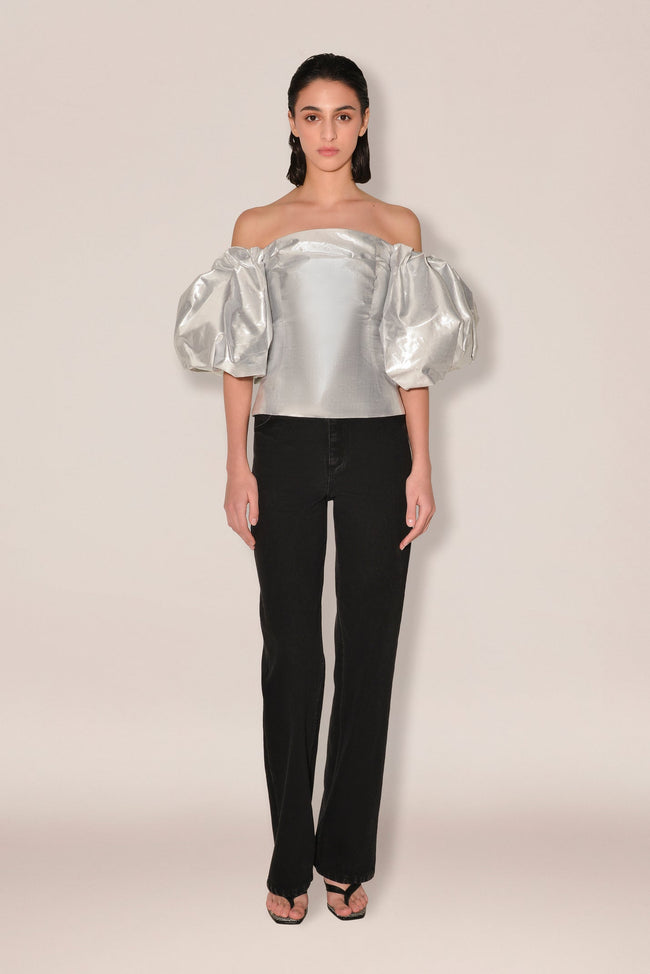 Anouki Off Shoulder Silver Silk Blouse