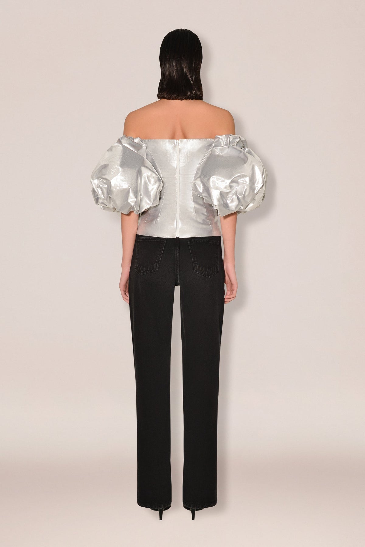 Anouki Off Shoulder Silver Silk Blouse