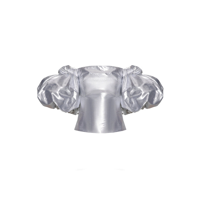 Anouki Off Shoulder Silver Silk Blouse