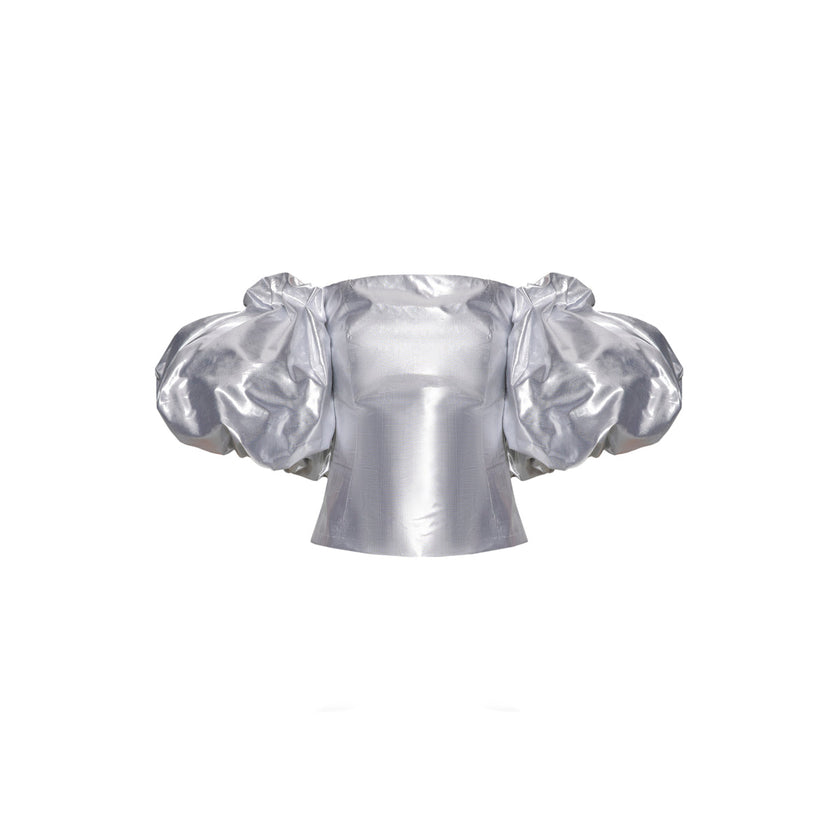 Anouki Off Shoulder Silver Silk Blouse