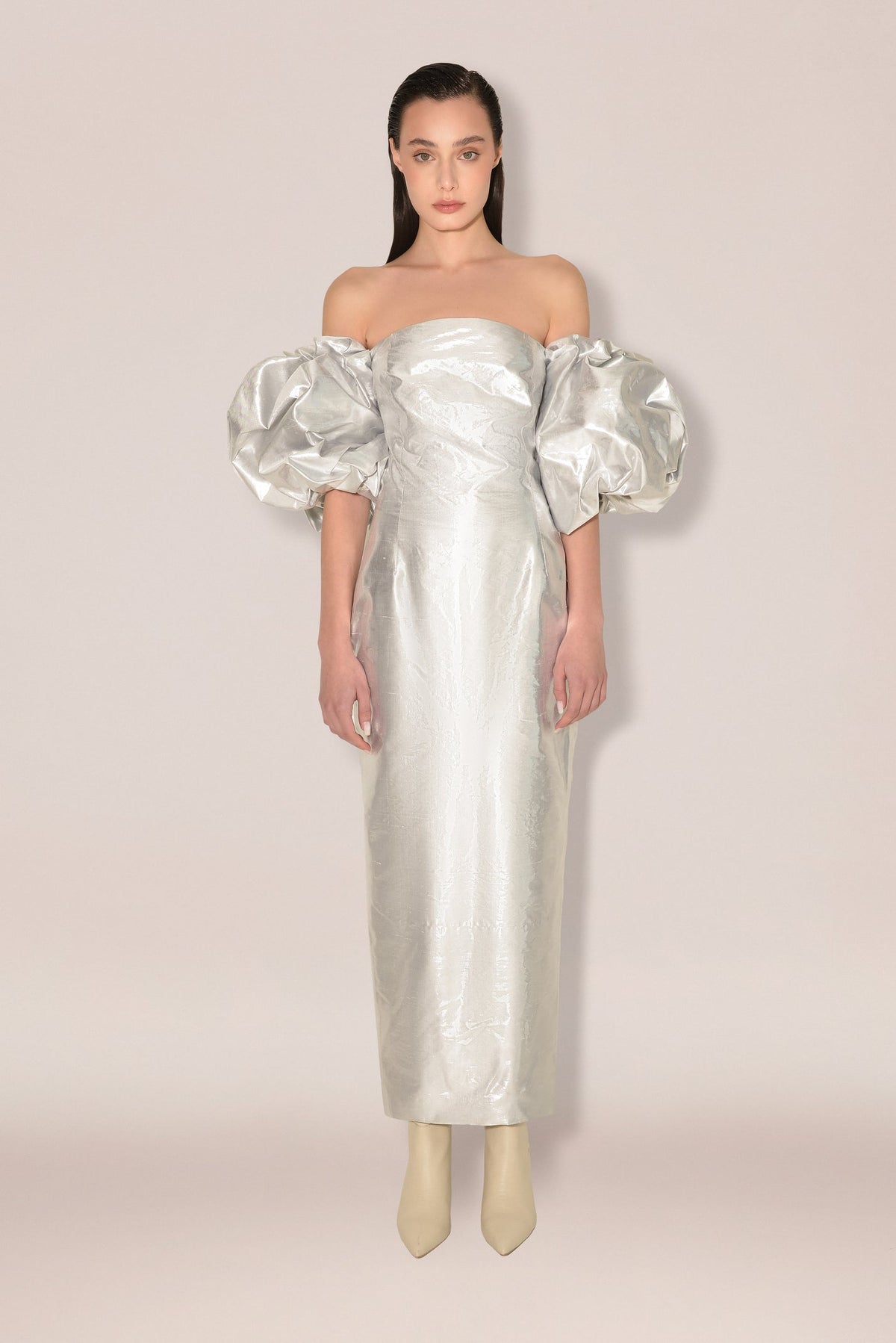 Anouki Corset Style Silver Silk Dress With Falling Sleeves