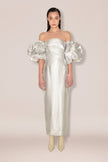 Anouki Corset Style Silver Silk Dress With Falling Sleeves