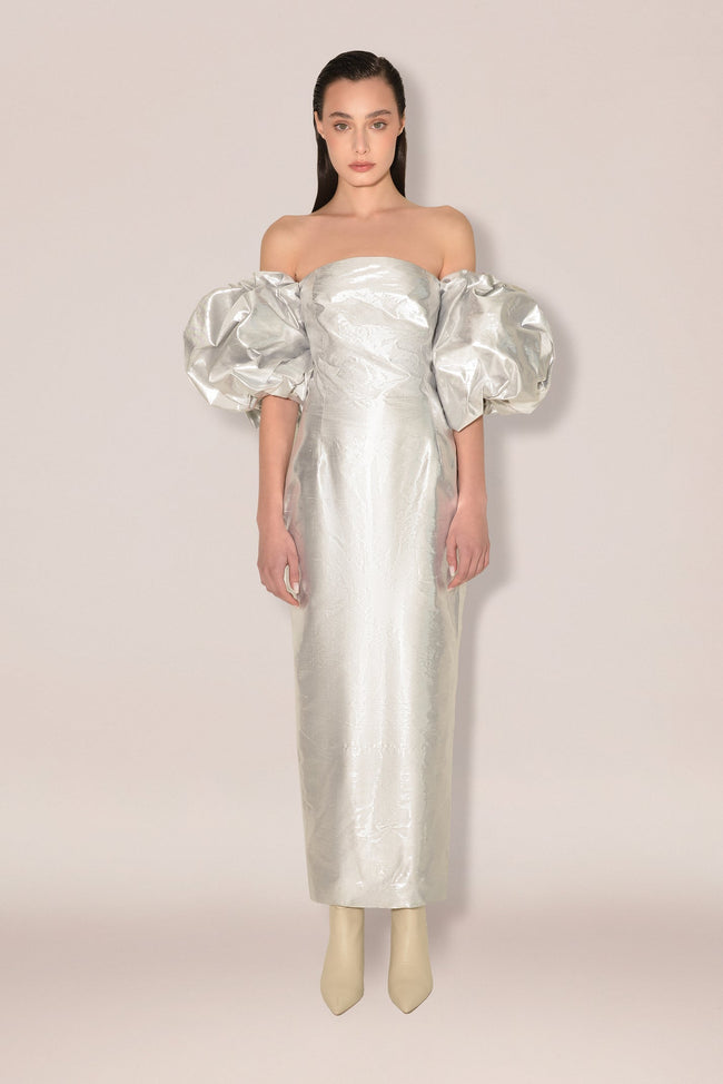 Anouki Corset Style Silver Silk Dress With Falling Sleeves