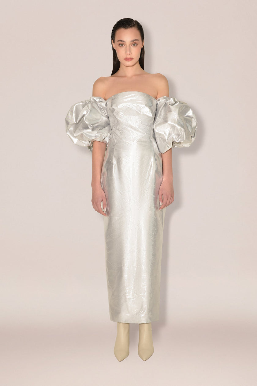 Anouki Corset Style Silver Silk Dress With Falling Sleeves