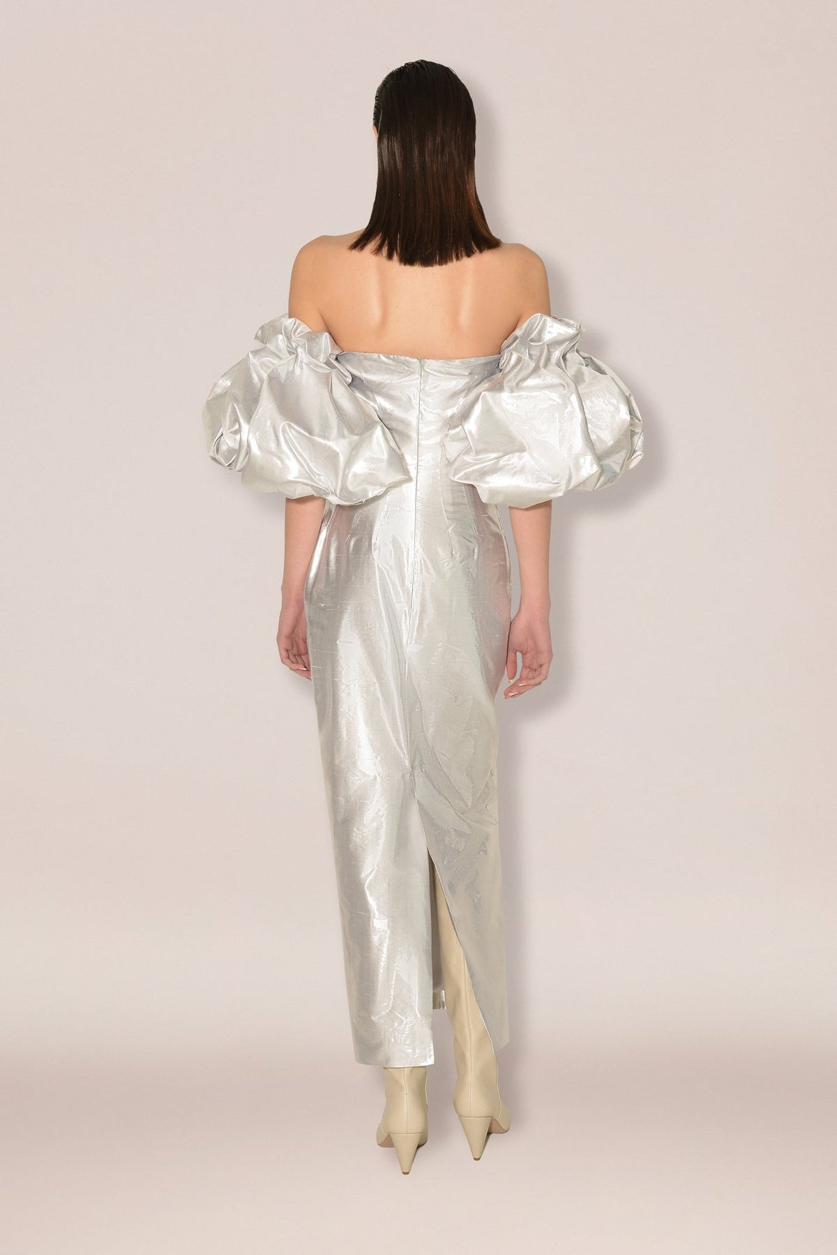 Anouki Corset Style Silver Silk Dress With Falling Sleeves