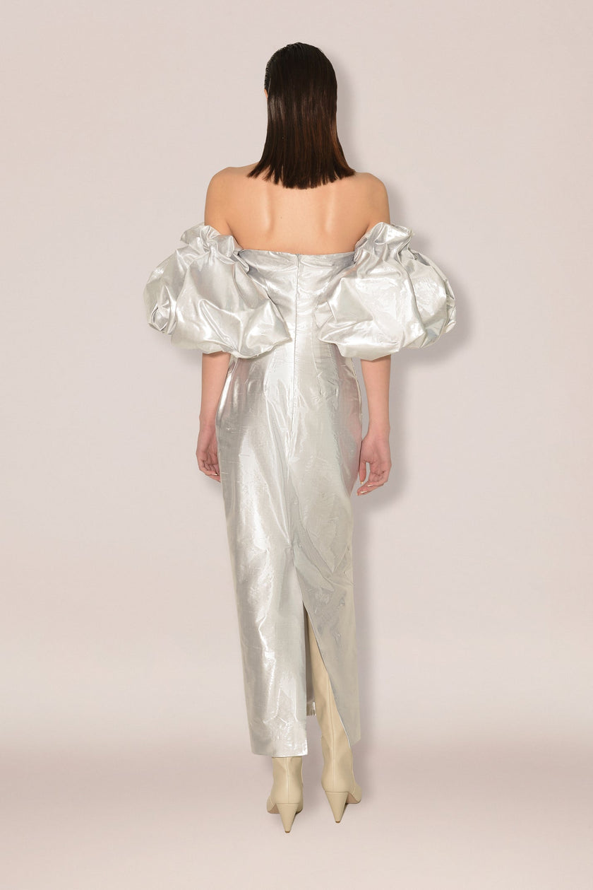 Anouki Corset Style Silver Silk Dress With Falling Sleeves