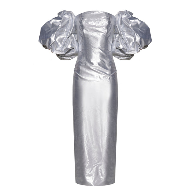 Anouki Corset Style Silver Silk Dress With Falling Sleeves