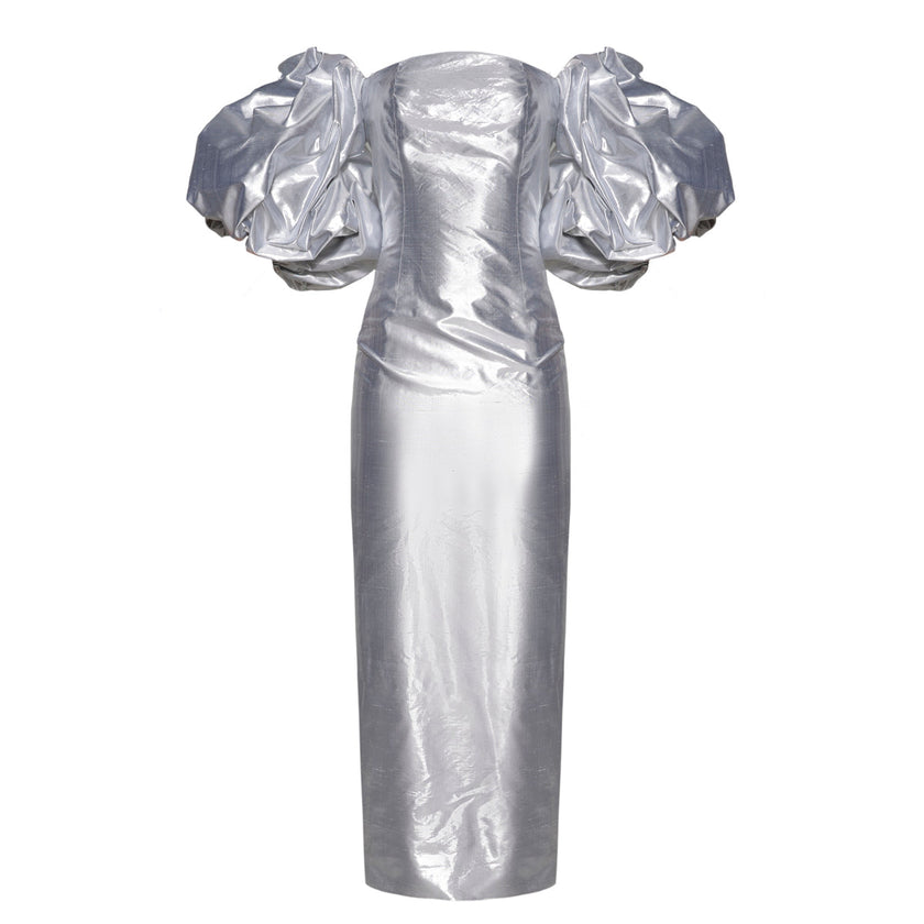 Anouki Corset Style Silver Silk Dress With Falling Sleeves