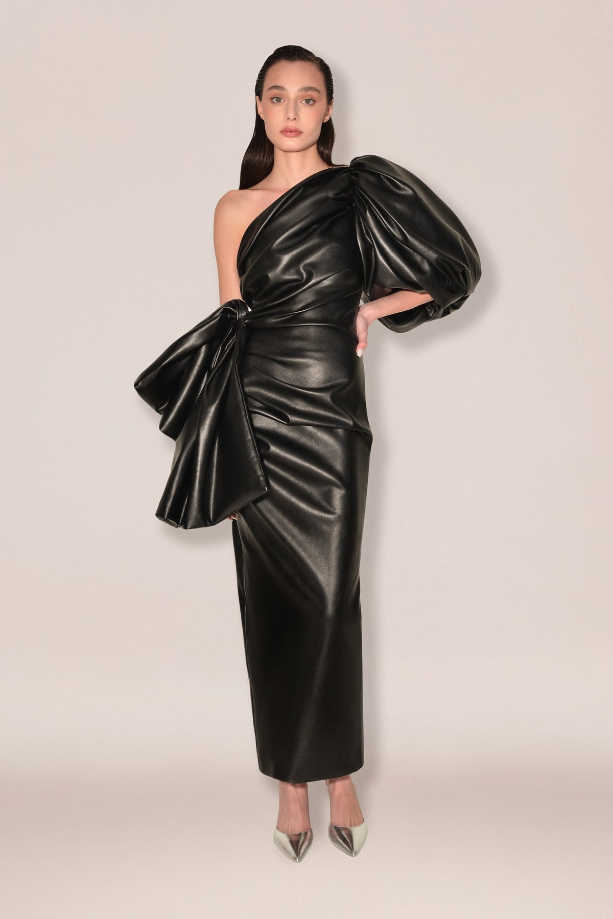 Anouki Single Arm Vegan Leather Dress With Bow Detail