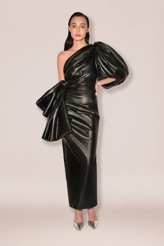 Anouki Single Arm Vegan Leather Dress With Bow Detail
