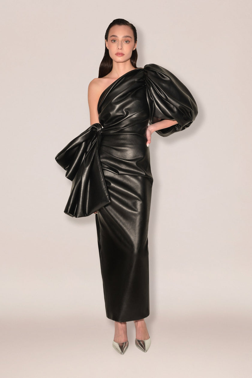 Anouki Single Arm Vegan Leather Dress With Bow Detail