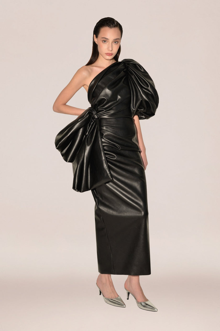 Anouki Single Arm Vegan Leather Dress With Bow Detail