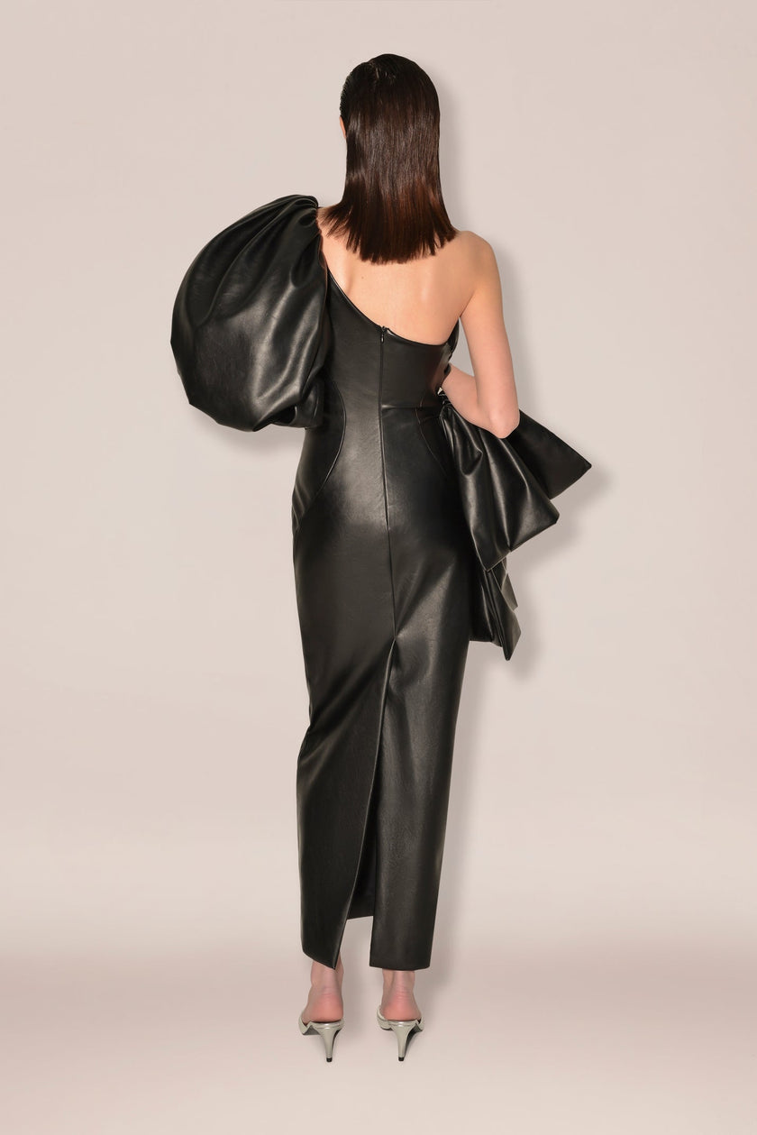 Anouki Single Arm Vegan Leather Dress With Bow Detail
