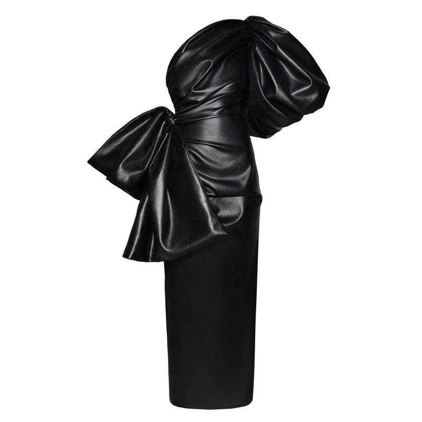 Anouki Single Arm Vegan Leather Dress With Bow Detail