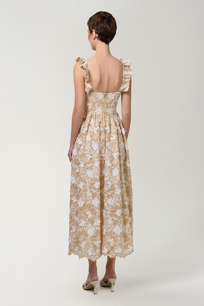 Anouki Floral Bustier Flare Cotton Dress With Ruffles