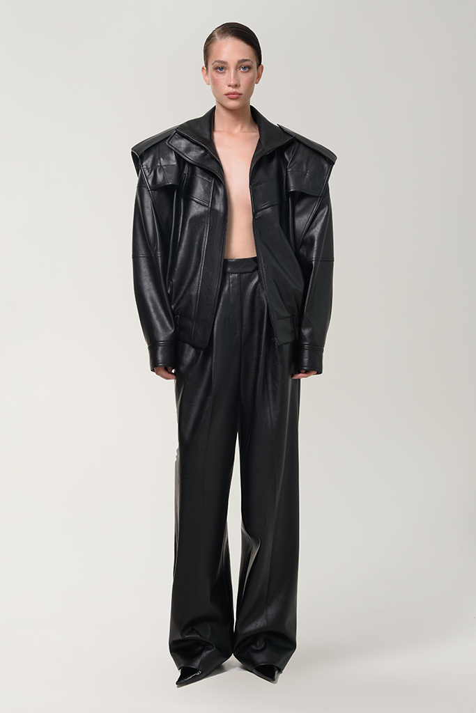 ANOUKI BLACK VEGAN LEATHER BOMBER JACKET