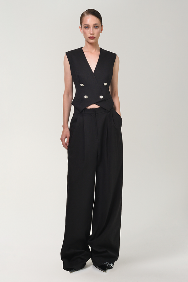 ANOUKI BLACK LINEN TREE PLEAT PANTS