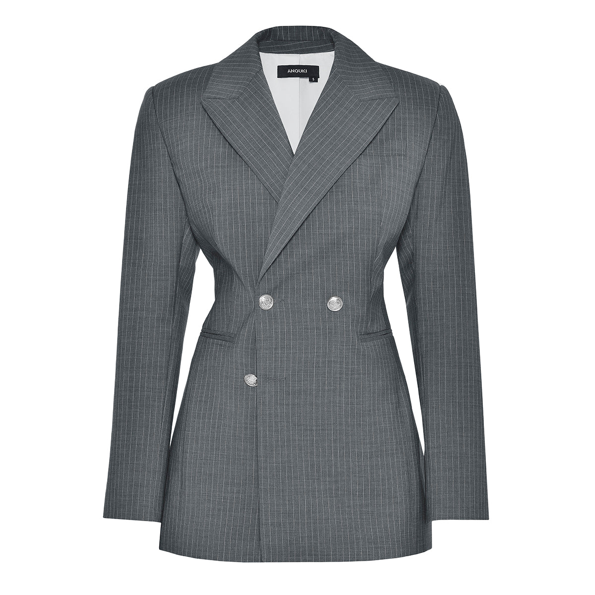 ANOUKI STRIPED GREY WOOL DOUBLE BREASTED BLAZER