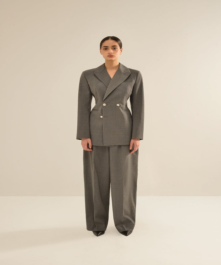 ANOUKI STRIPED GREY WOOL DOUBLE BREASTED BLAZER