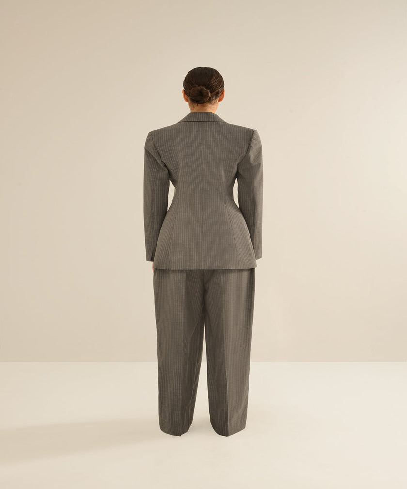 ANOUKI STRIPED GREY WOOL DOUBLE BREASTED BLAZER