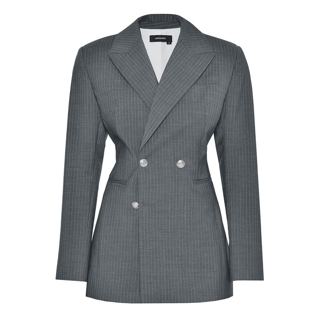 ANOUKI STRIPED GREY WOOL DOUBLE BREASTED BLAZER