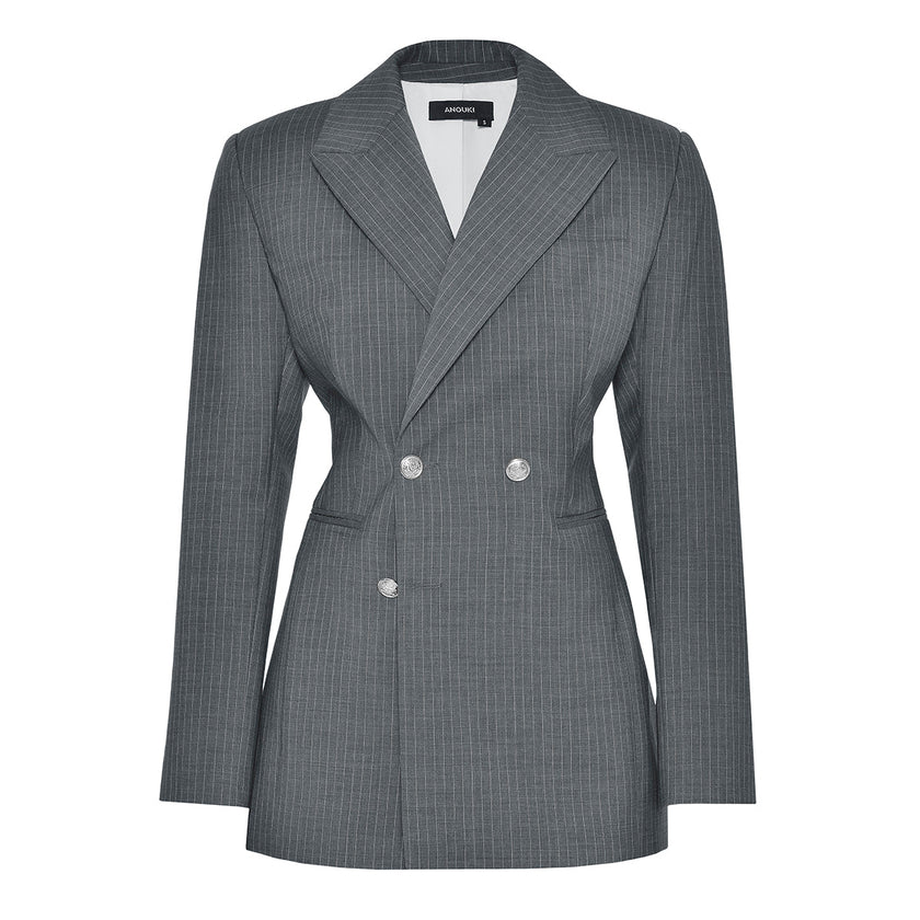 ANOUKI STRIPED GREY WOOL DOUBLE BREASTED BLAZER