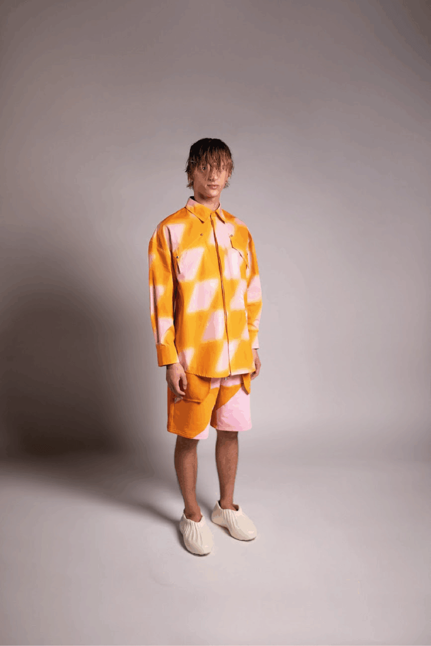 PRIVATE POLICY ORANGE AND PINK PXL CHECKER PIECING SHORTS