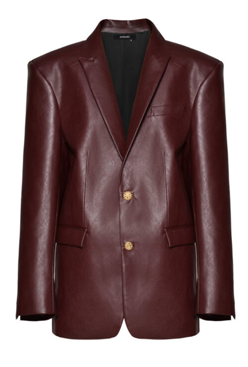 Anouki Single Breasted Burgundy Vegan Leather Oversized Blazer