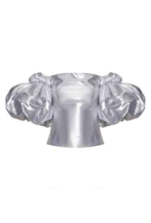 Anouki Off Shoulder Silver Silk Blouse