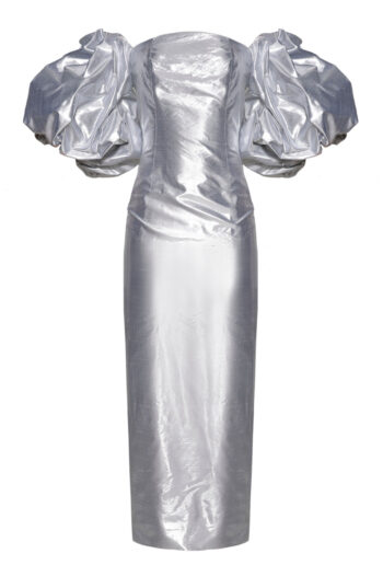 Anouki Corset Style Silver Silk Dress With Falling Sleeves