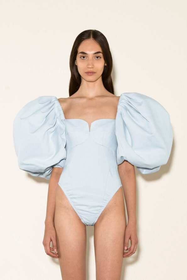 COTTON BUSTIER BODYSUIT WITH PUFF SLEEVS