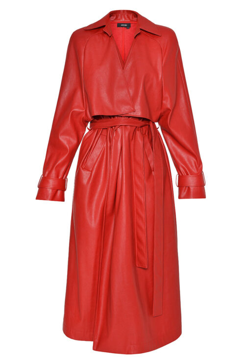 ANOUKI RED VEGAN LEATHER BEALTED TRENCH COAT