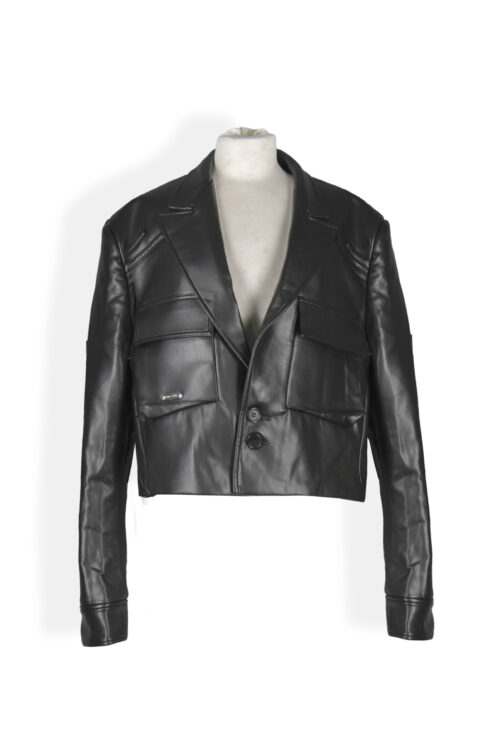 PRIVATE POLICY VEGAN LEATHER CROP SUIT JACKET WITH PATCH POCKETS