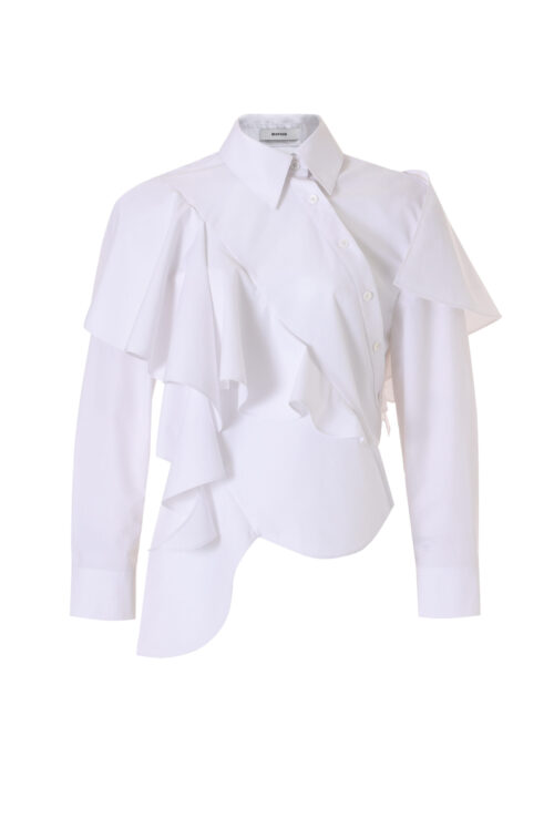 BESFXXK WHITE ASYMMETRIC RUFFLE BLOUSE