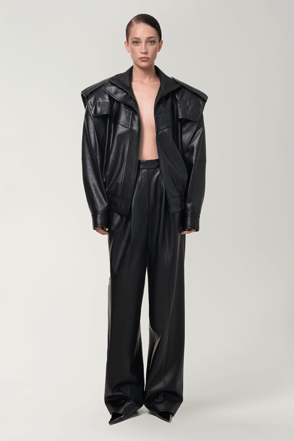 BLACK VEGAN LEATHER BOMBER JACKET