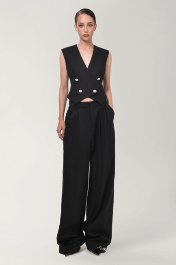 ANOUKI BLACK LINEN TREE PLEAT PANTS