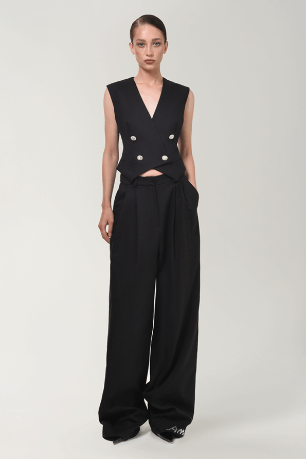 ANOUKI BLACK LINEN TREE PLEAT PANTS