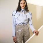 [S] SHIRT WITH WAVY LEAVES, ORGANZA INSERT DETEIL AND CRYSTALS BUTTON (S)