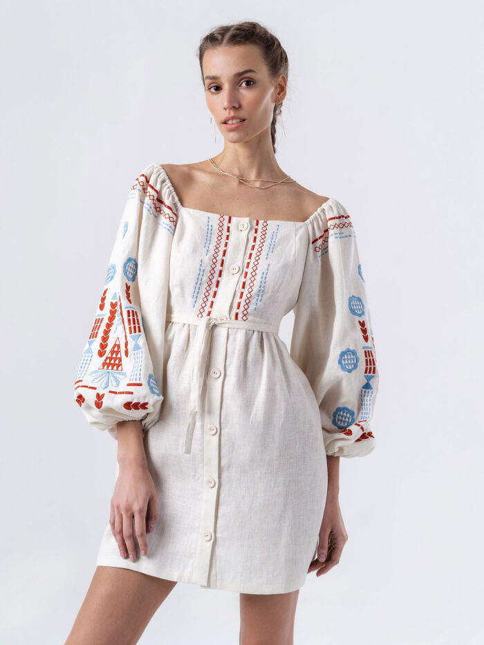 ETNODIM Linen embroidered dress with milk color MOZAIKA,Linen embroidered dress with milk color,Linen embroidered dress