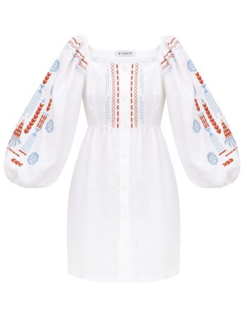 ETNODIM Linen embroidered dress with milk color MOZAIKA
