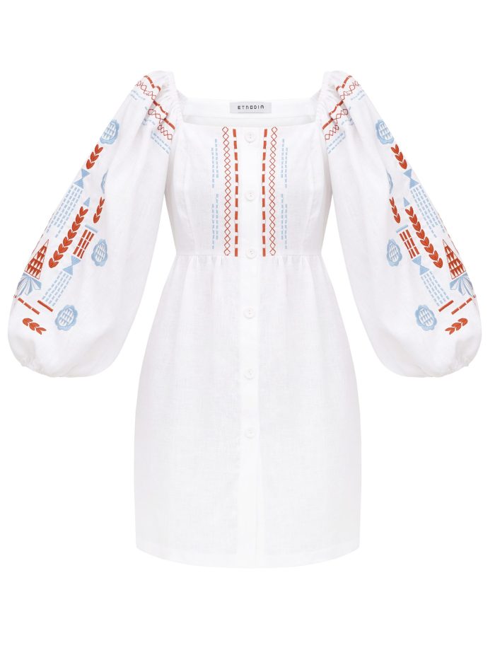 ETNODIM Linen embroidered dress with milk color MOZAIKA,Linen embroidered dress with milk color,Linen embroidered dress